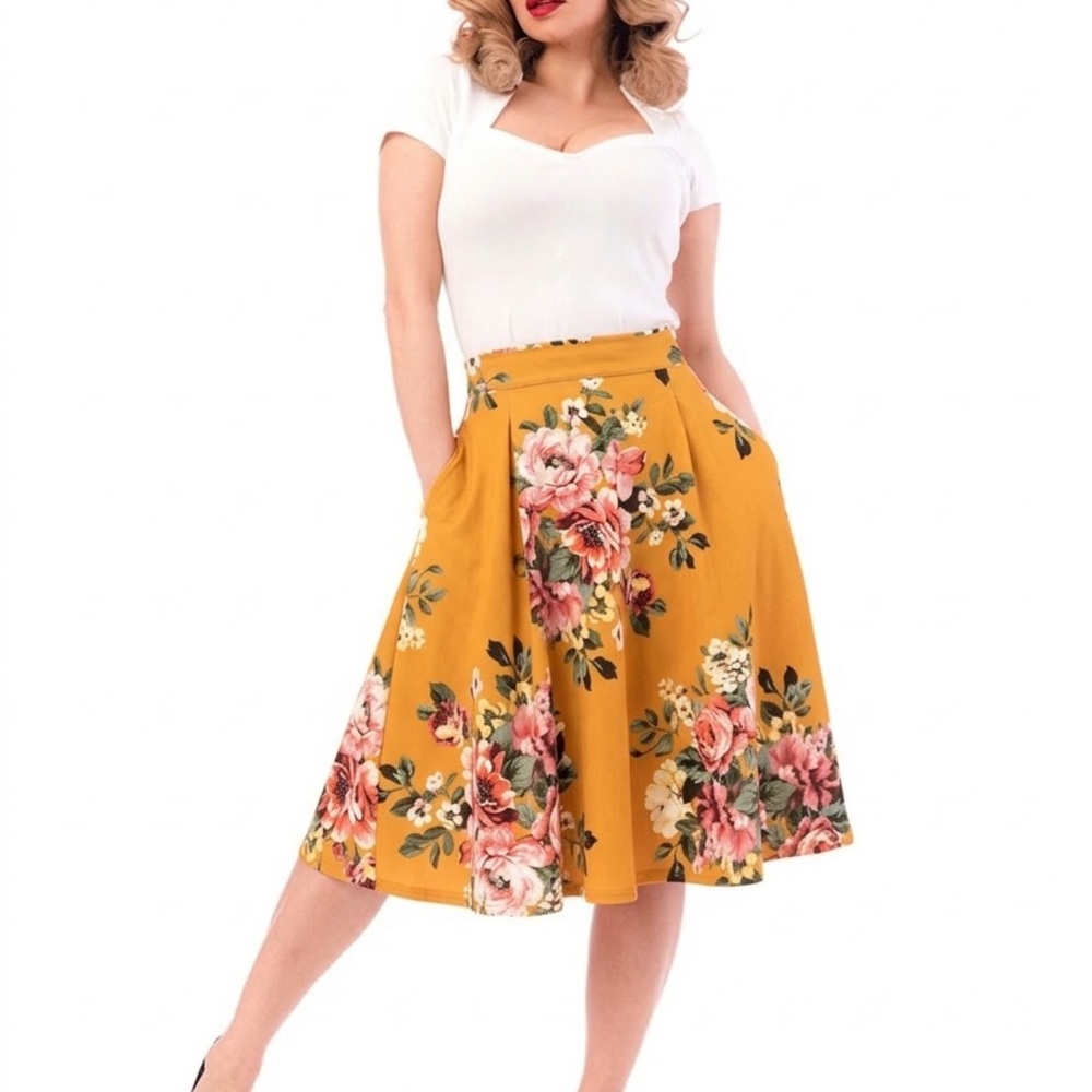RockSteady 50s Vintage A-Line Mustard Floral Skirt